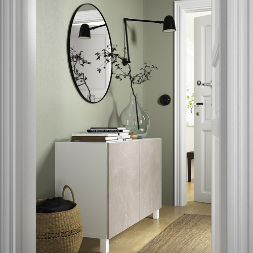 BESTÅ Storage combination with doors, white Bergsviken/Stubbarp, beige marble effect, 120x42x74 cm
