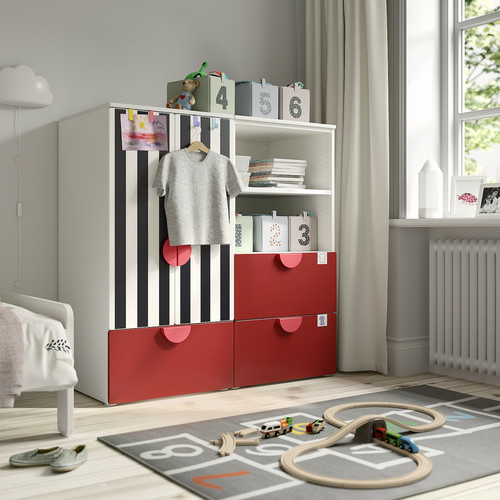 SMÅSTAD / PLATSA Storage combination, white red/stripe with 3 drawers, 120x57x123 cm