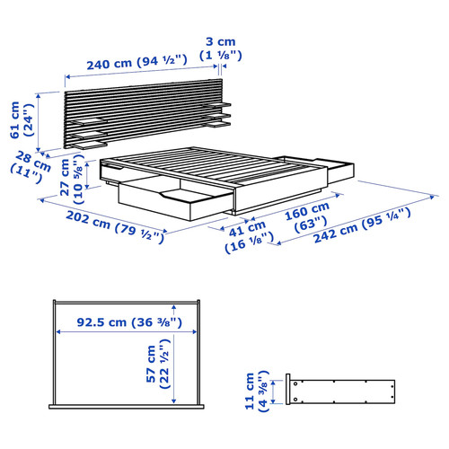 MANDAL Bed frame with headboard, birch/white, 160x202 cm