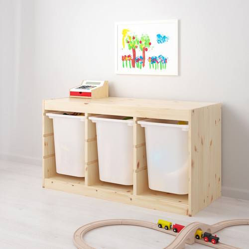 TROFAST Storage combination with boxes, light white stained pine, white, 94x44x52 cm