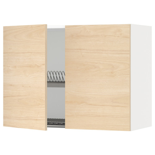 METOD Wall cabinet w dish drainer/2 doors, white/Askersund light ash effect, 80x60 cm