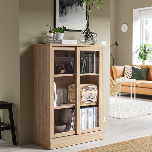 TONSTAD Cabinet with sliding glass doors, oak veneer, 82x37x120 cm