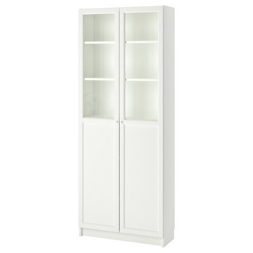 BILLY Bookcase with panel/glass doors, white, 80x202x30 cm