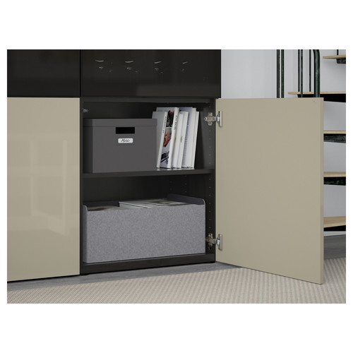 BESTÅ Storage combination w/glass doors, black-brown, Selsviken high-gloss/beige, dimmed glass, 120x40x192 cm