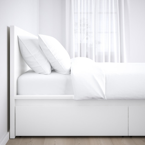 MALM Bed frame, high, w 4 storage boxes, white, Luröy, 160x200 cm