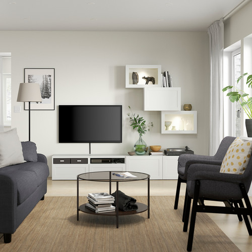 BESTÅ TV storage combination/glass doors, white/Hanviken white clear glass, 240x42x190 cm