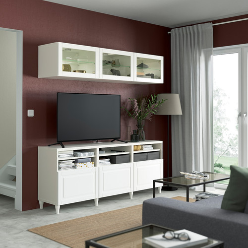 BESTÅ TV storage combination/glass doors, white/Smeviken/Kabbarp white clear glass, 180x42x192 cm