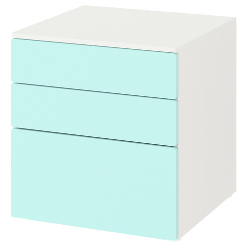 SMÅSTAD / PLATSA Chest of 3 drawers, white, pale turquoise, 60x55x63 cm