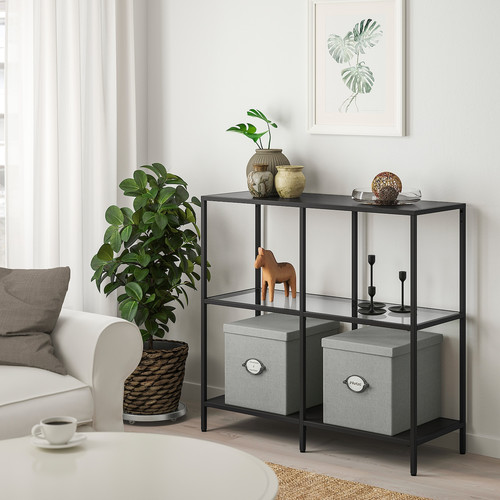 VITTSJÖ Shelving unit, black-brown, glass, 100x93 cm