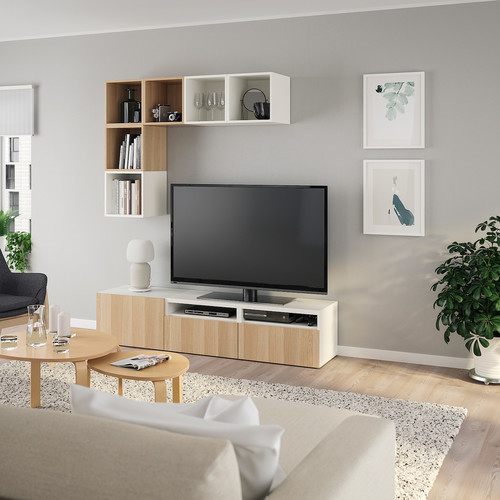 BESTÅ / EKET Cabinet combination for TV, white, white stained oak effect, 180x42x170 cm