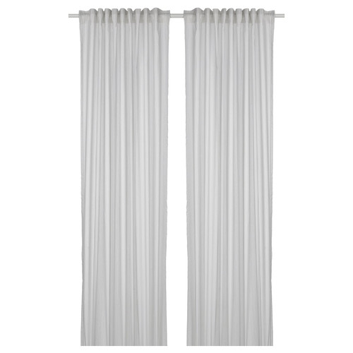 BYMOTT Curtains, 1 pair, white/light grey striped, 120x250 cm