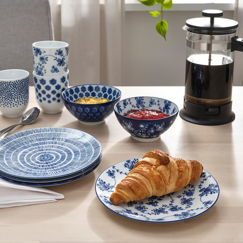 ENTUSIASM Side plate, patterned/blue, 18 cm, 4 pack