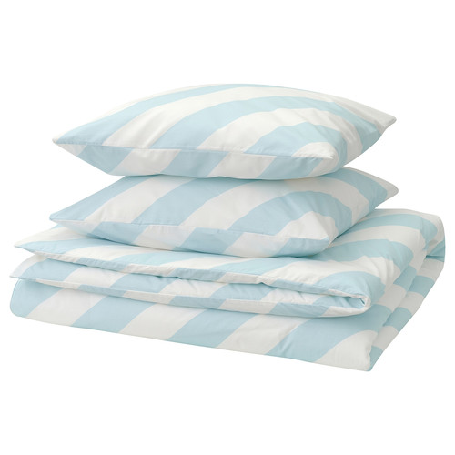 SLÖJSILJA Duvet cover and 2 pillowcases, light blue/white/stripe, 200x200/50x60 cm