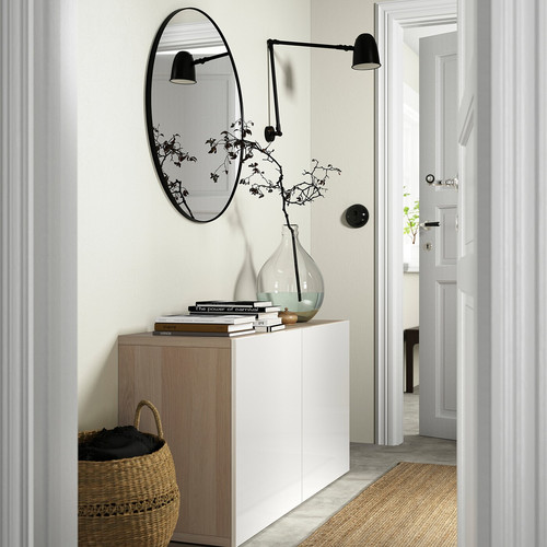 BESTÅ Storage combination with doors, white stained oak effect, Selsviken high-gloss/white, 120x42x65 cm