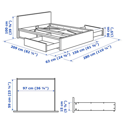 MALM Bed frame, high, w 4 storage boxes, white, 140x200 cm
