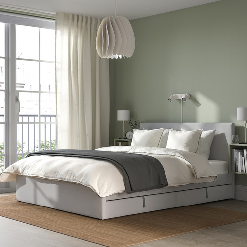 GLADSTAD Upholstered bed, 4 storage boxes, Kabusa light grey, 140x200 cm