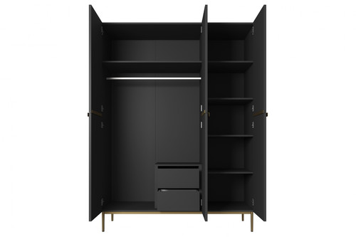 Wardrobe Nicole with Drawer Unit 150 cm, matt black, gold handles and legs