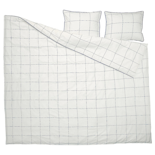 BREDVECKLARE Duvet cover and 2 pillowcases, white blue/check, 200x200/50x60 cm