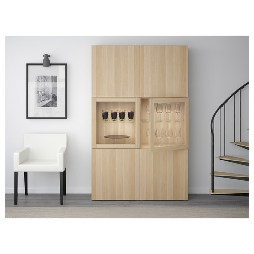 BESTÅ Storage combination w/glass doors, Lappviken, Sindvik white stained oak, clear glass, 120x40x192 cm