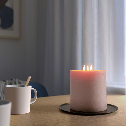 GRÄNSSKOG Unscented pillar candle, 3 wick, pale pink, 14 cm