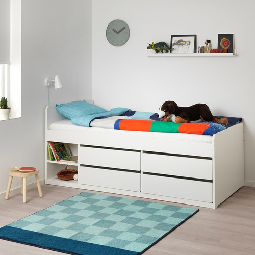 SLÄKT Bed frame w storage+slatted bedbase, white, 90x200 cm