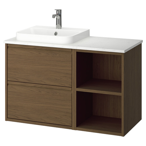 ÄNGSJÖN / BACKSJÖN Wash-stand/wash-basin/tap, brown oak effect/white marble effect, 102x49x71 cm