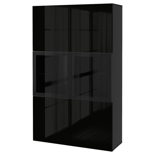 BESTÅ Storage combination w/glass doors, black-brown, Selsviken high-gloss/black, clear glass, 120x40x192 cm