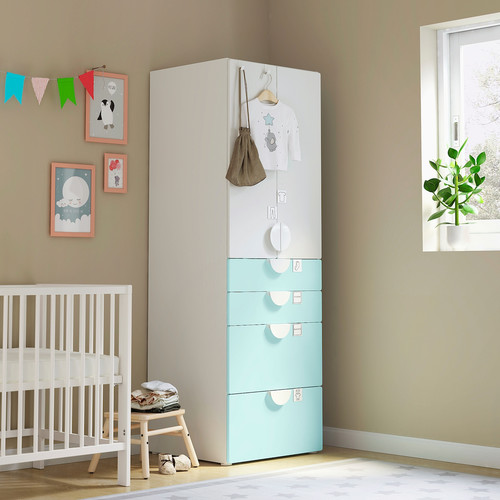 SMÅSTAD / PLATSA Wardrobe, white pale turquoise/with 4 drawers, 60x57x181 cm