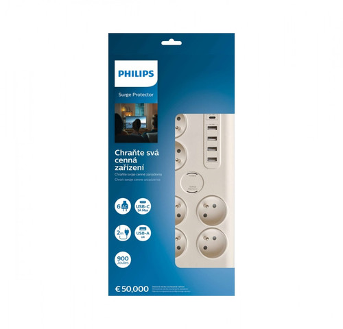 Philips Surge Protector 6 Sockets EU-type Plug USB-A/C