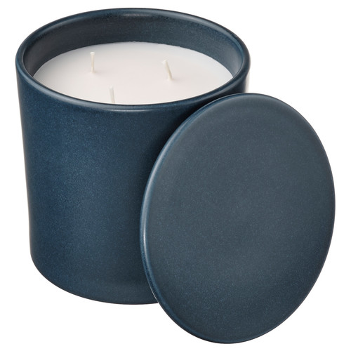 FRUKTSKOG Scented candle in ceramic jar w lid, Vetiver & geranium/black-turquoise, 60 hr