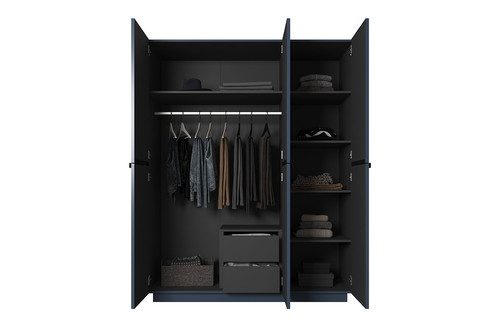 Wardrobe with Drawer Unit Nicole 150 cm, dark blue, gold handles