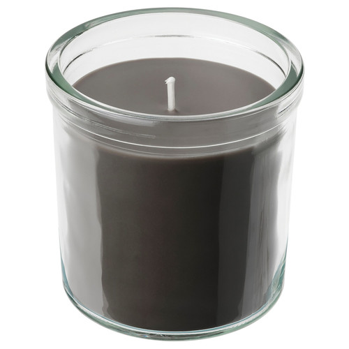 ENSTAKA Scented candle in glass, Bonfire/grey, 40 hr