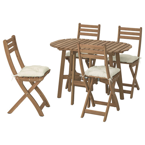 ASKHOLMEN Gateleg table+4 chairs, outdoor, foldable dark brown/Kuddarna light grey-beige