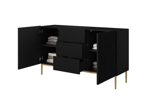 Cabinet with 2 Doors & 3 Drawers Nicole 150cm, matt black/gold legs