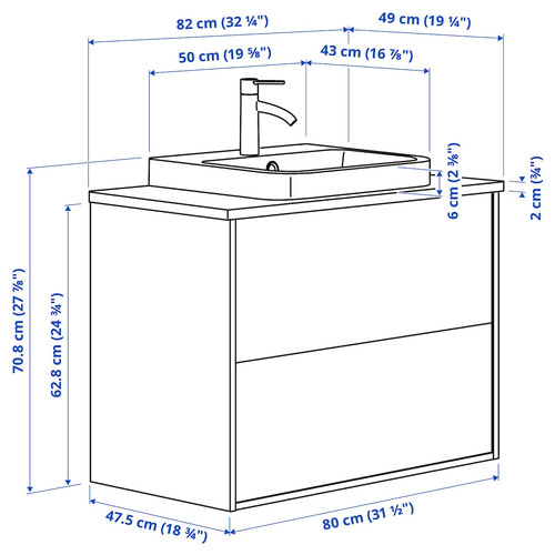 ÄNGSJÖN / BACKSJÖN Wash-stnd w drawers/wash-basin/tap, oak effect/white marble effect, 82x49x71 cm