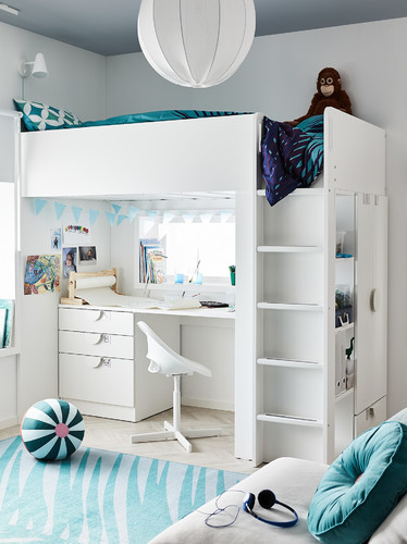 SMÅSTAD Loft bed, white birch/with desk with 4 drawers, 90x200 cm