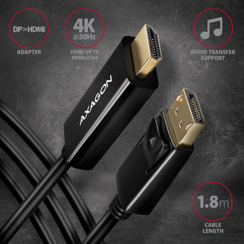 AXAGON Cable DisplayPort to HDMI 4K/30Hz, RVD-HI14C2 1.8m