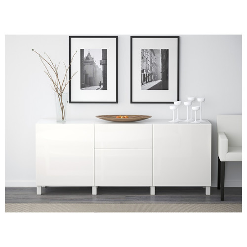 BESTÅ Storage combination with drawers, white/Selsviken/Stubbarp high-gloss/white, 180x42x74 cm