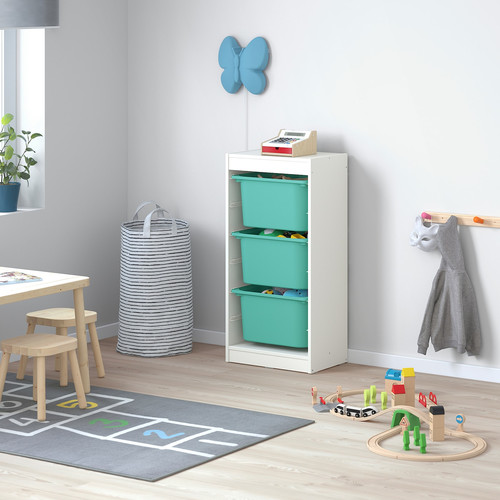 TROFAST Storage combination with boxes, white/turquoise, 46x30x94 cm