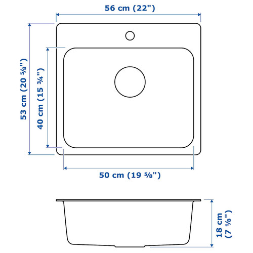 LÅNGUDDEN Inset sink, 1 bowl, stainless steel, 56x53 cm