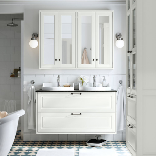 TÄNNFORSEN / RUTSJÖN Wash-stnd w drawers/wash-basin/taps, white/black marble effect, 122x49x76 cm