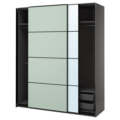 PAX / MEHAMN/AULI Wardrobe with sliding doors, dark grey double sided/light green mirror glass, 200x66x236 cm