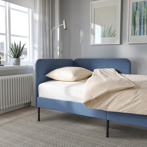 BLÅKULLEN Uph bed frame with corner headboard, Knisa medium blue, 90x200 cm