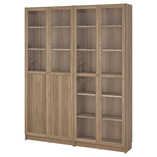 BILLY / OXBERG Bookcase with panel/glass doors, oak effect/clear glass, 160x30x202 cm