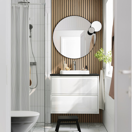 ÄNGSJÖN / BACKSJÖN Wash-stnd w drawers/wash-basin/tap, high-gloss white/black marble effect, 82x49x71 cm