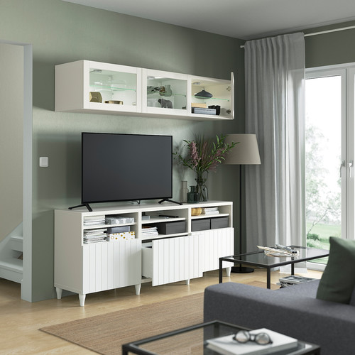 BESTÅ TV storage combination/glass doors, white/Sutterviken/Kabbarp white clear glass, 180x42x192 cm