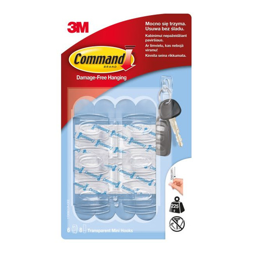 3M Command Transparent Mini Hooks, Pack of 6
