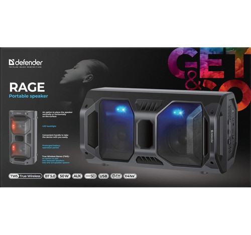 Defender Portable Speaker Rage 50W, Light/BT/FM/USB/LED/TWS