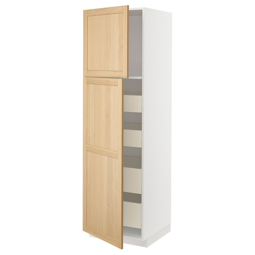 METOD / MAXIMERA Hi cab w 2 doors/4 drawers, white/Forsbacka oak, 60x60x220 cm