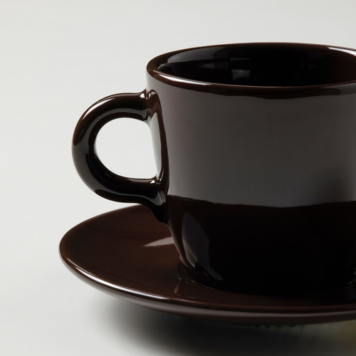 FÄRGKLAR Cup with saucer, 7 cl, glossy brown, 4 pack